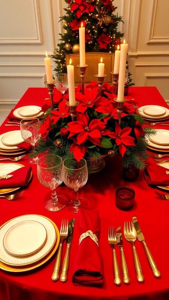 Elegant Red Christmas Table Settings Elegant red Christmas table setting with white dishware, gold cutlery, and festive decorations.